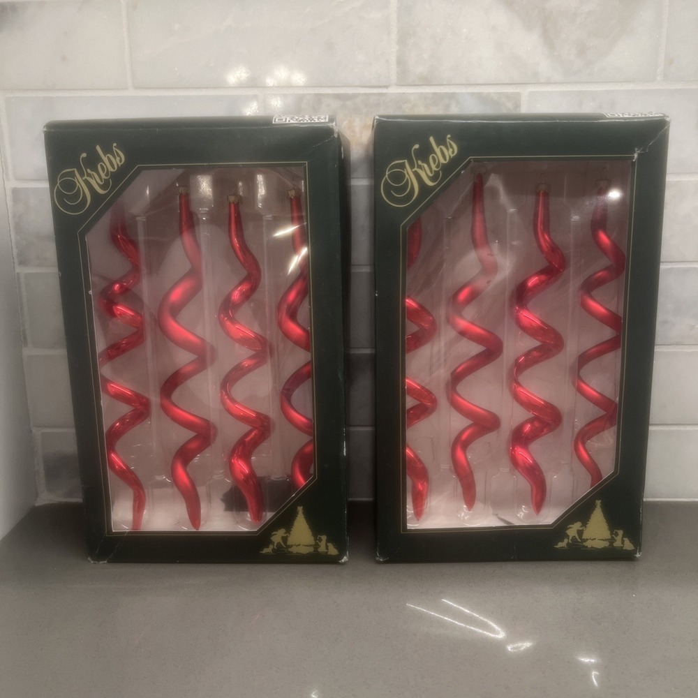Vintage 8 RED CURLY ICICLE CHRISTMAS ORNAMENTS SPARKLING CREATIONS 8" Germany